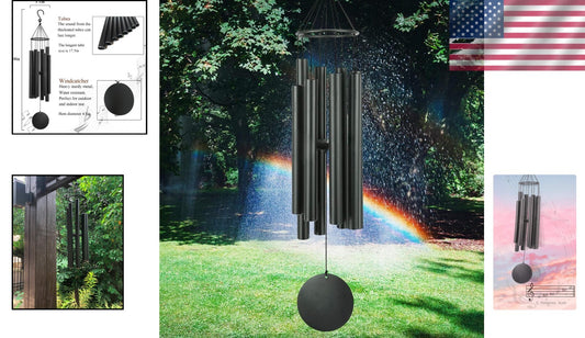 Elegant Black Wind Chimes 38” - Waterproof, Adjustable for Gardens & Memorials