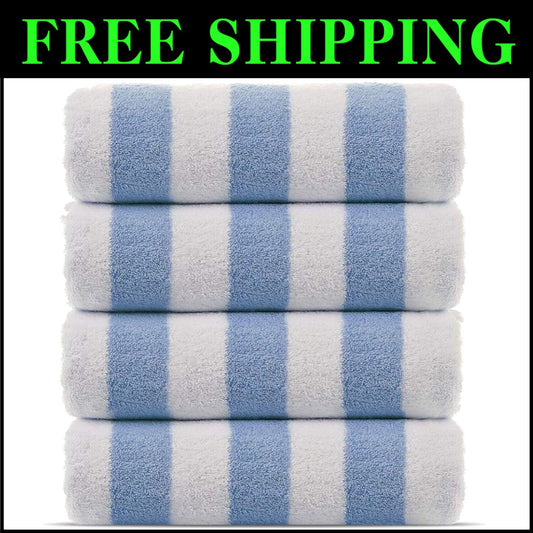 Thick Stripe Luxury Cotton Towels 4-Pack – Light Blue Pool Essentials, 30x60
