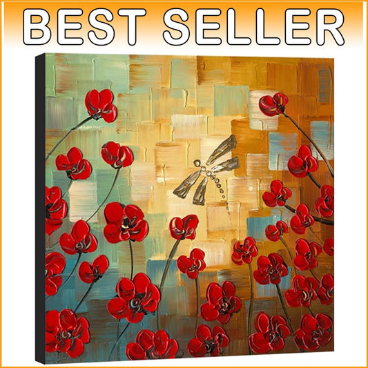 Gallery Wrapped 24x24 Dragonfly Floral Oil Painting - Ready to Hang Luxury Art
