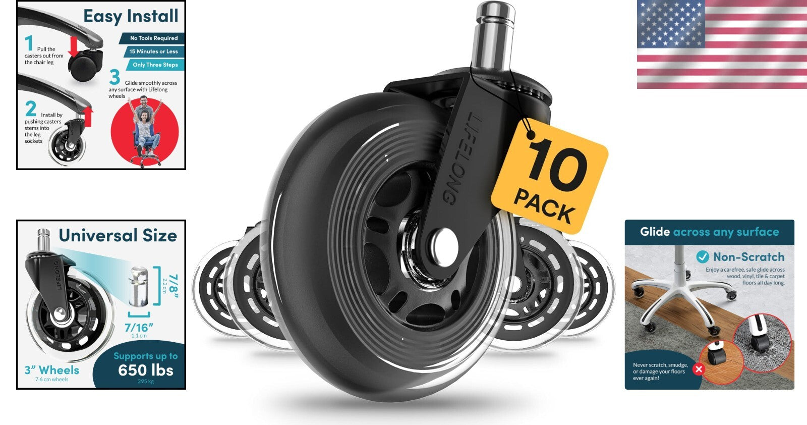 Heavy-Duty Office Chair Wheels - Set of 5 for Hardwood & Carpet Floors