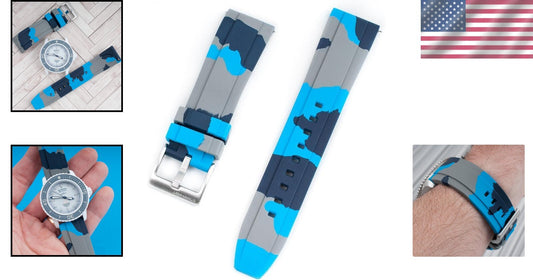 Elegant Quick Release Rubber Watch Strap in Dark Blue, Light Blue, and Gray