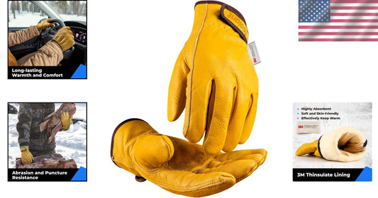Ergonomic Thinsulate Winter Work Gloves - 2 Pairs of Durable Cowhide Gloves