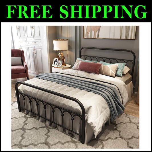 Classic Full Size Metal Bed Frame with Vintage Headboard & Squeak-Resistant Base