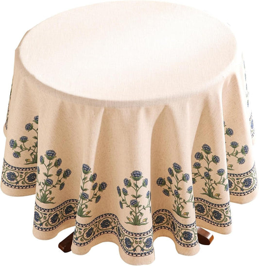 Farmhouse Vintage Linen Tablecloth for 67" Round Dining Tables - Floral Design