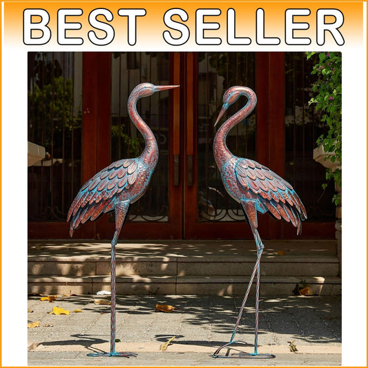 Exquisite Patina Metal Heron Statues for Elegant Outdoor Settings - 47-48 Inches