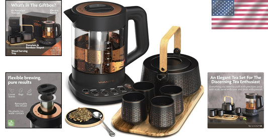 Deluxe Electric Kettle with Tea Infuser, Ceramic Teapot & Cups on Wood Tray