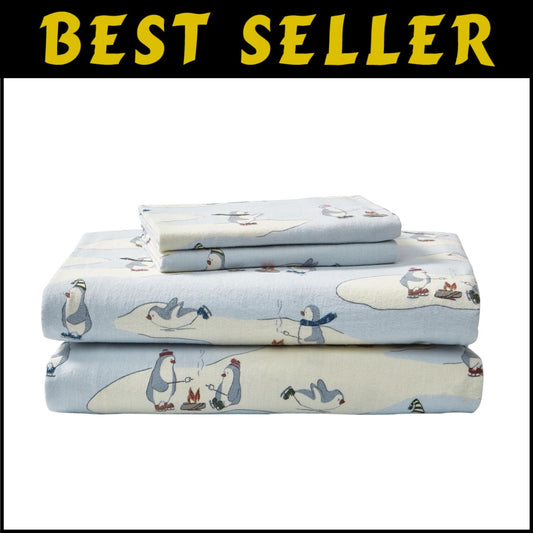 Soft Brushed Cotton Flannel Twin Bedding Set - Skating Penguin Print