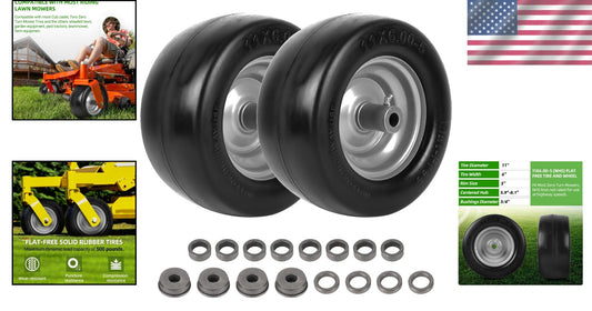 11" Flat-Free Lawn Mower Wheel & Tire Set - Includes Bushings & Spacers