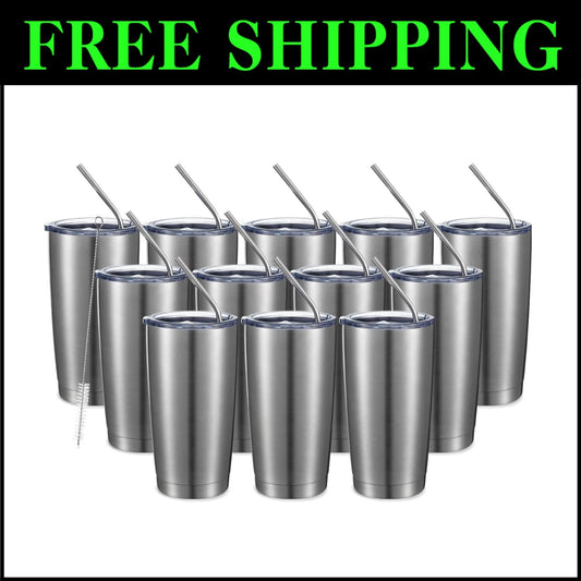 Durable 20oz Double Wall Travel Mug Set with Splash-Proof Lid - 12 Count Silver