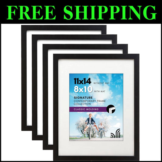 Elegant 11x14 Picture Frame Set of 4 with Shatter-Resistant Glass in Black