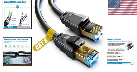 Cat 8 100ft Ethernet Cable - Shielded 40Gbps Connection for Indoor & Outdoor Use