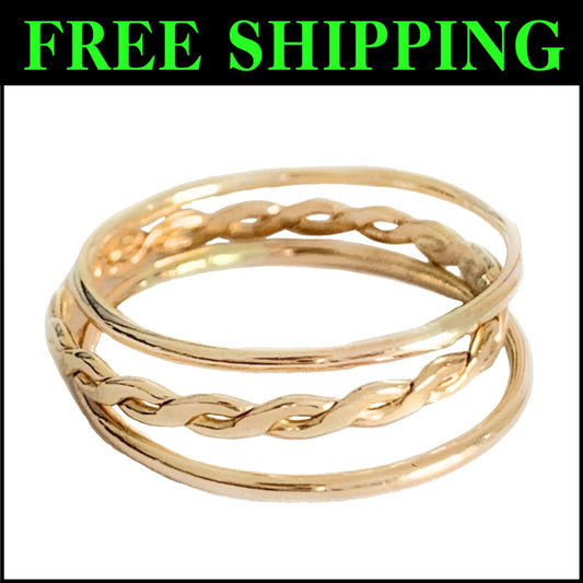 Unisex 14K Gold Fill Stackable Toe Ring Set - 3 Rings: Braid & Skinny Bands