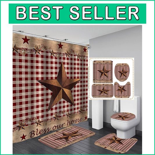 4PCS Vintage Brown Western Star Shower Curtain & Bath Mat Set for Rustic Decor