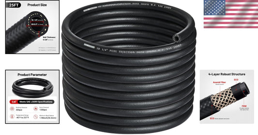 Durable 1/4 Inch Fuel Line Hose, 25FT - 1200 PSI Max Pressure & Flexible Design