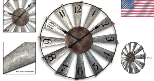 Charming 24-Inch Analog Wall Clock with Galvanized Metal Finish for Rustic Homes
