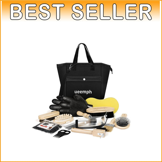 Durable Horse Grooming Set with Brushes, Gloves & Storage Tote - Black Edition
