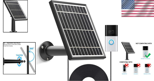 Durable Solar Panel Compatible with Ring Video Doorbell 1 - 16ft Cable Included