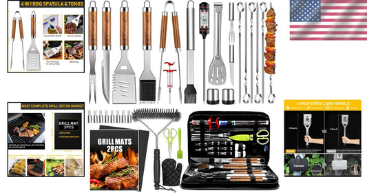 34-Piece Premium Stainless Steel BBQ Accessory Set with Thermometer & Mats
