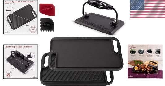 Durable Cast Iron Grill/Griddle Combo - 16.75" x 9.5" + Essential Cleaning Tools