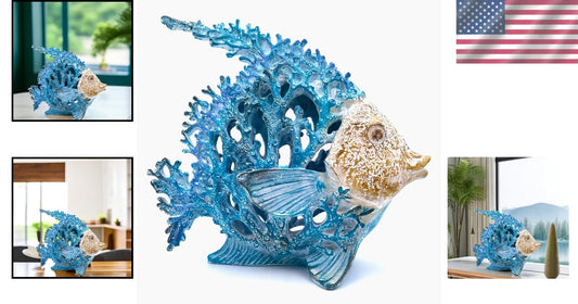 Coastal Coral Reef Angel Sculpture in Turquoise & Blue - Art Deco Tabletop Decor