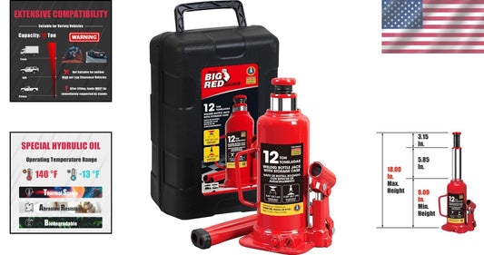 12 Ton Hydraulic Bottle Jack with Carrying Case - Max Lifting Height 18 Inches