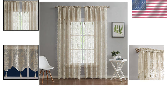 Elegant Pair of 2 Sheer Lace Curtain Panels with Valance & Tassels - 54x96 Linen