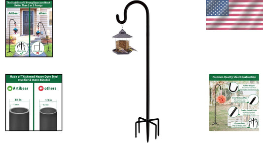 Black Powder-Coated Adjustable Outdoor Shepherd Hook, 5 Prongs for Stability
