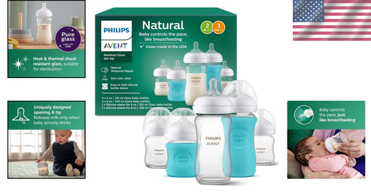 Philips Premium Glass Baby Bottles Gift Set with Natural Flow Nipples & Sleeves