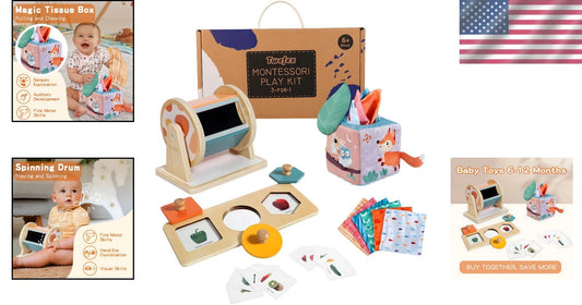 Baby Sensory Play Kit: Spinning Drum, Tissue Box & Peekaboo Puzzle for Infants