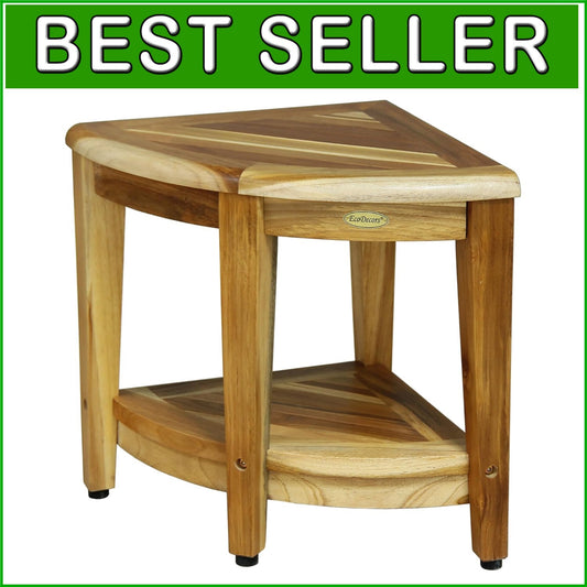 Elegant Teak Corner Shower Seat with Integrated Shelf - Perfect for Bathrooms