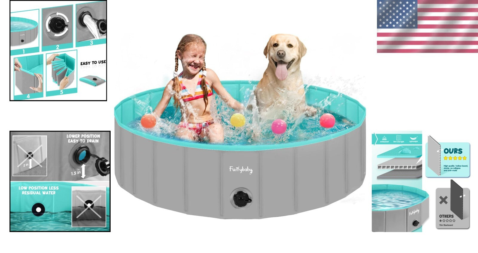 Foldable Hard Plastic Pool for Dogs - 47" Round Safe Fun for Pets & Kids