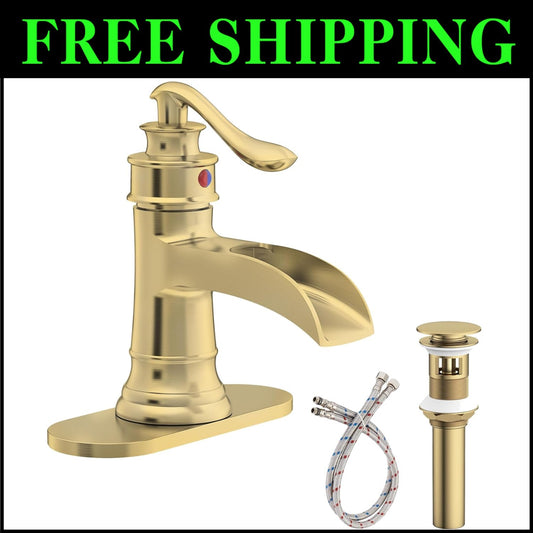 Brushed Gold Waterfall Sink Faucet - Durable Brass, Single Handle, All-Inclusive