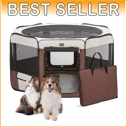 Lightweight Brown Pet Playpen for Small Dogs and Cats - 8 Panel, Removable Top