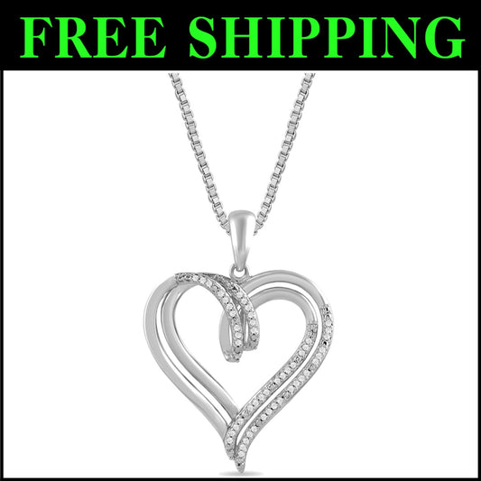 Elegant Sterling Silver Double Heart Pendant Necklace with 1/10 cttw Diamonds