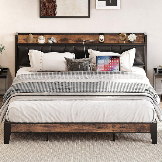 Stylish King Bed Frame with Storage Headboard & Charging Station - Vintage Black