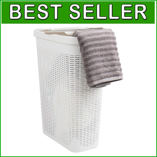 Chic Space-Saving 40L Wicker Laundry Basket with Ventilated Lid - White Plastic