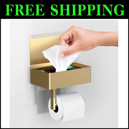 Brushed Gold Toilet Paper Holder with Shelf - Modern Bathroom Storage Solution