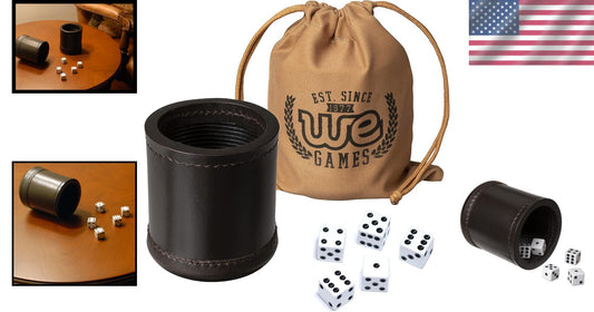 Handmade Luxury Dark Brown Leather Dice Cup Set with 5 Dice & Carry Bag