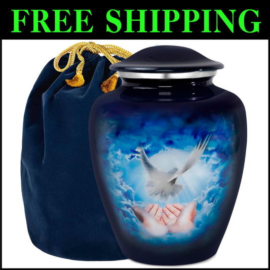 Durable 9.2" Blue Dove Cremation Urn - Secure Threaded Top, Velvet Bag Included