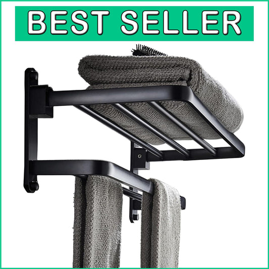 Elegant 16-Inch Matte Black Towel Rack with Folding Feature for Modern Bathrooms