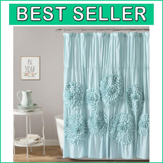 Chic Spa Blue Ruched Floral Shower Curtain - Vintage Glam Bathroom Decor