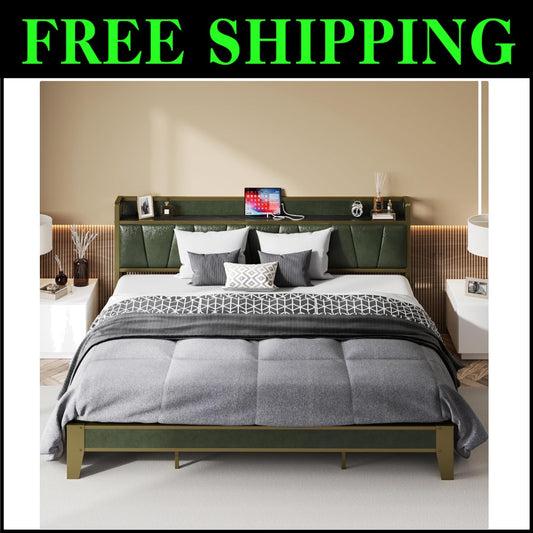 Elegant Dark Green California King Platform Bed with Convenient Charging Station