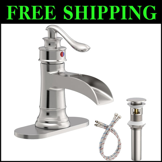 Durable Waterfall Spout Bathroom Faucet - Single Handle Brushed Nickel Finish