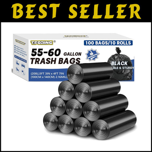 100 Heavy-Duty Unscented Trash Bags - 55-60 Gallon Waterproof Can Liners - Black
