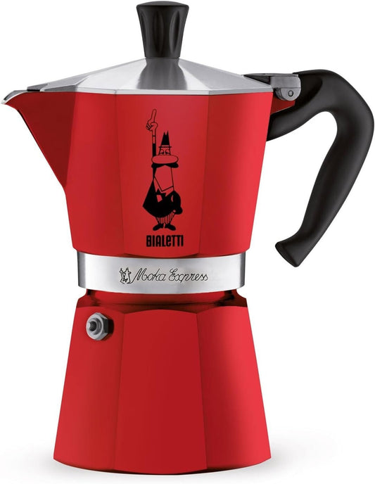 Authentic Italian 6-Cup Moka Express Coffee Maker in Elegant Red Aluminum