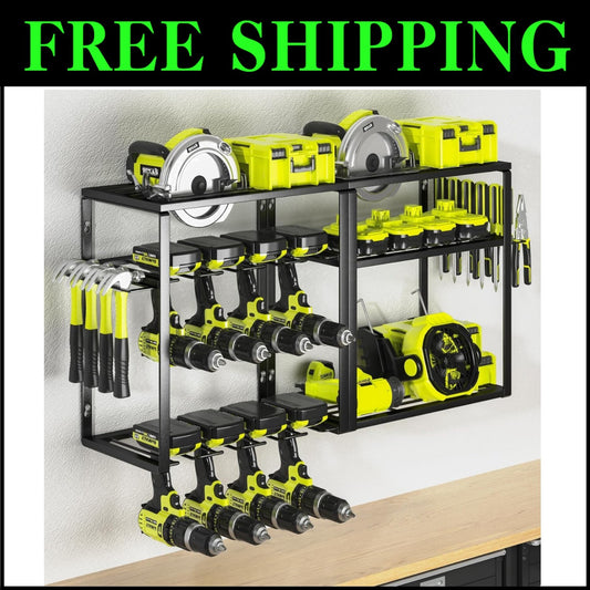 8 Drill Holder Garage Tool Rack - 6-Layer Carbon Steel Storage Shelf for Tools
