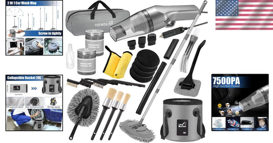 21-Pcs Car Detailing Kit: Powerful Vacuum, Adjustable Mop & Detailing Brushes