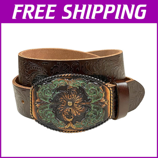 Elegant Genuine Leather Western Floral Engraved Belt with Interchangeable Buckle