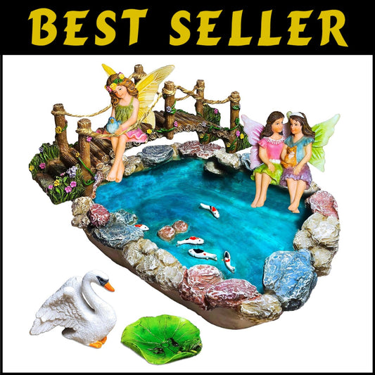 Whimsical Fairy Garden Accessories - Koi Pond, Bridge & 6 Characters Included