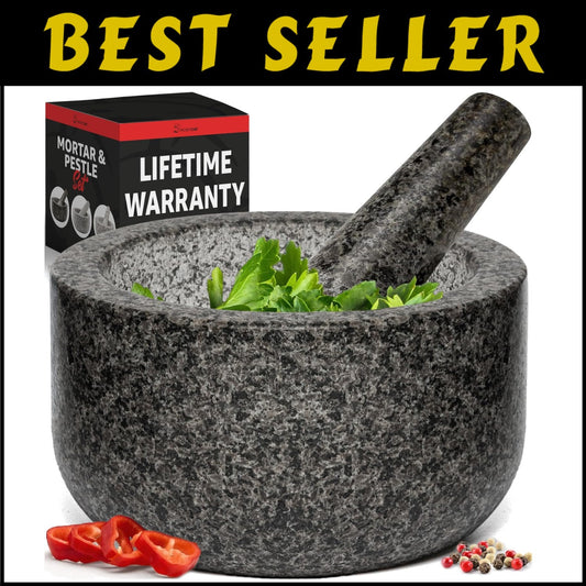 Large Black Granite Mortar and Pestle with Non-Slip Features - Stone Grinder